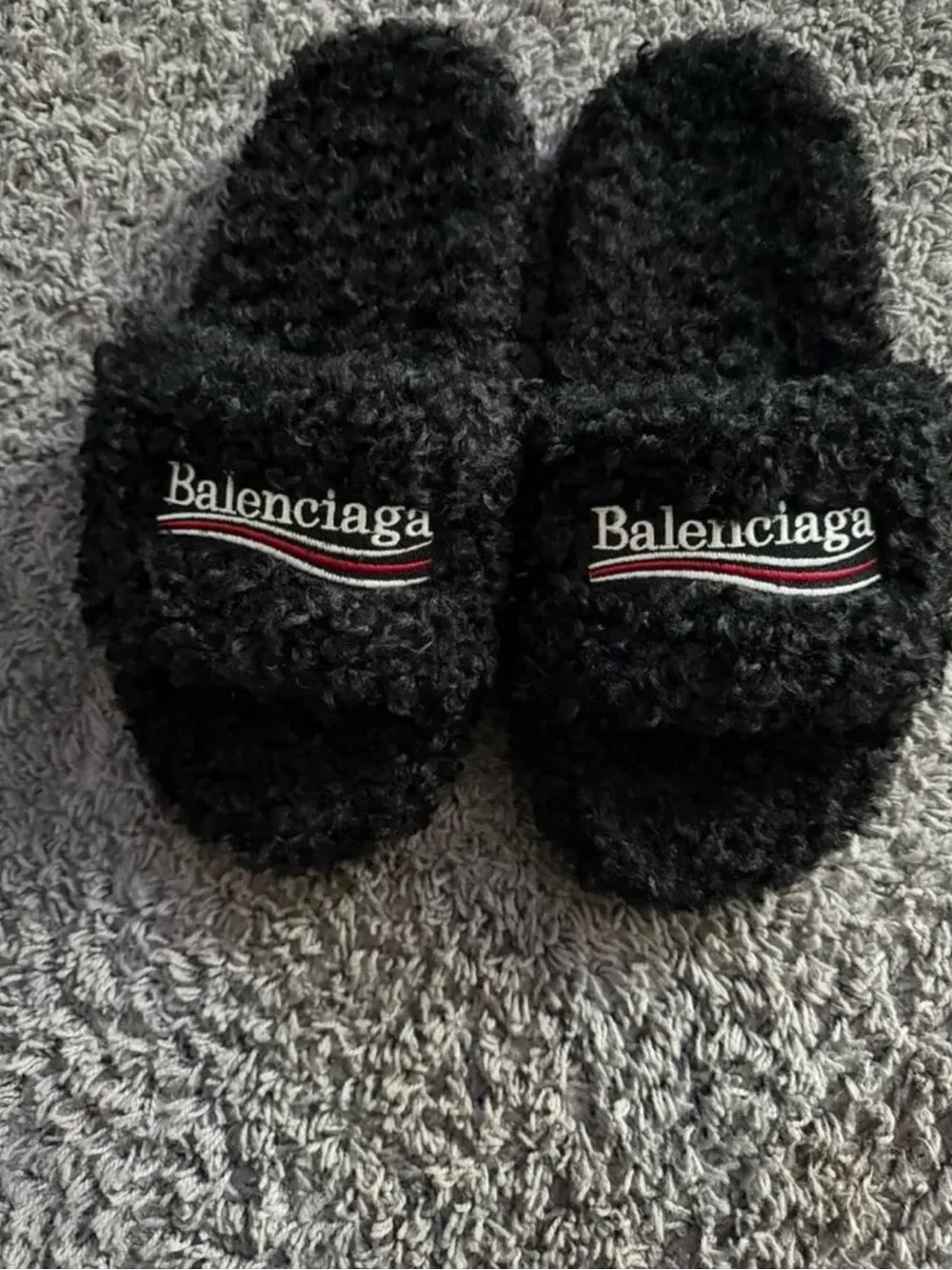 Balenciaga Black Fuzzy Logo Slide Sandals with Red & White Stripe